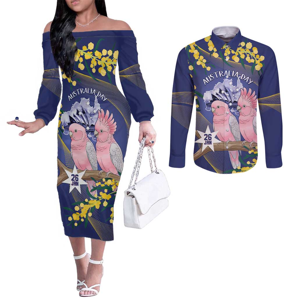Personalised Pink Galah Australia Day Couples Matching Off The Shoulder Long Sleeve Dress and Long Sleeve Button Shirt 26th January Golden Wattle Flag Color - Aussie Hoodie