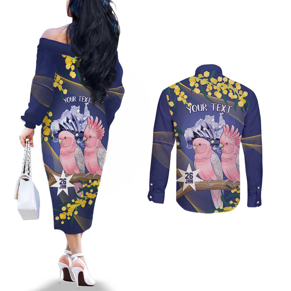 Personalised Pink Galah Australia Day Couples Matching Off The Shoulder Long Sleeve Dress and Long Sleeve Button Shirt 26th January Golden Wattle Flag Color - Aussie Hoodie
