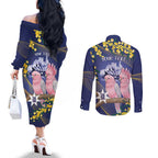 Personalised Pink Galah Australia Day Couples Matching Off The Shoulder Long Sleeve Dress and Long Sleeve Button Shirt 26th January Golden Wattle Flag Color - Aussie Hoodie