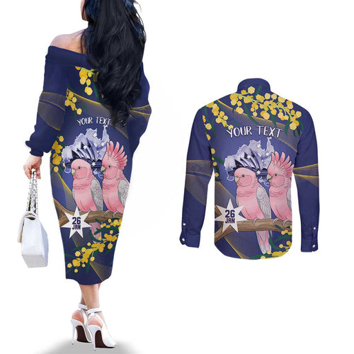 Personalised Pink Galah Australia Day Couples Matching Off The Shoulder Long Sleeve Dress and Long Sleeve Button Shirt 26th January Golden Wattle Flag Color - Aussie Hoodie