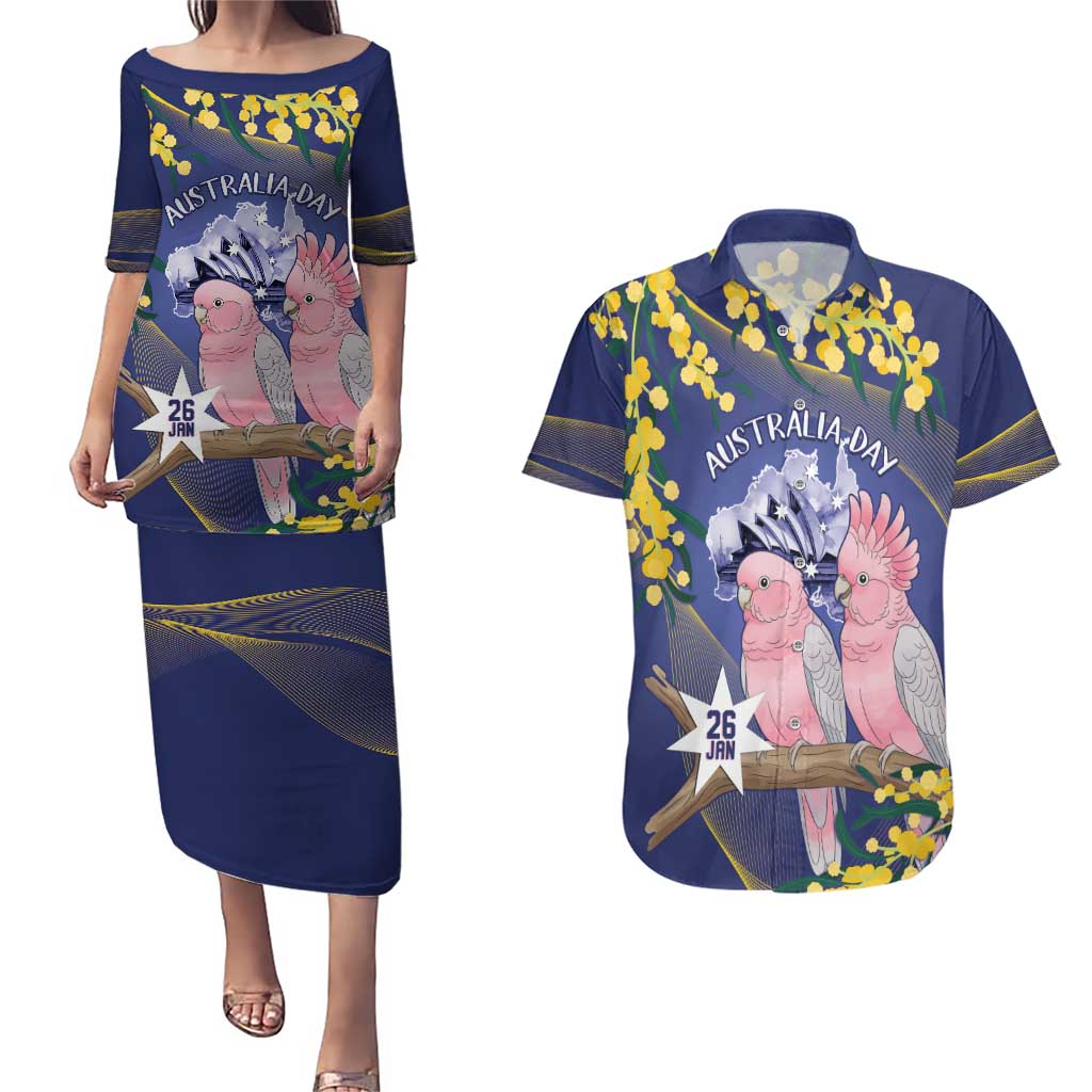 Personalised Pink Galah Australia Day Couples Matching Puletasi and Hawaiian Shirt 26th January Golden Wattle Flag Color - Aussie Hoodie