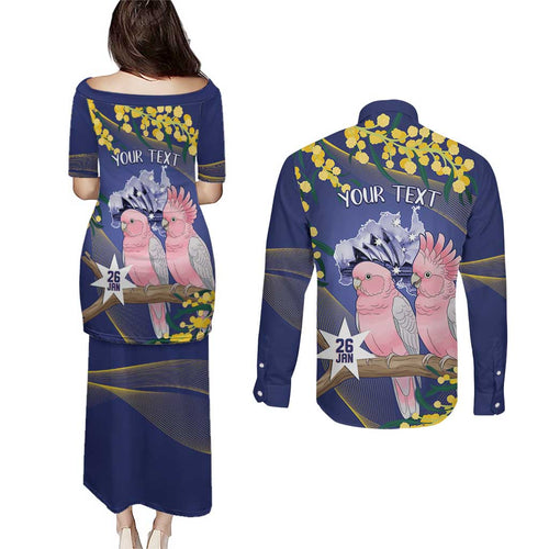 Personalised Pink Galah Australia Day Couples Matching Puletasi and Long Sleeve Button Shirt 26th January Golden Wattle Flag Color - Aussie Hoodie