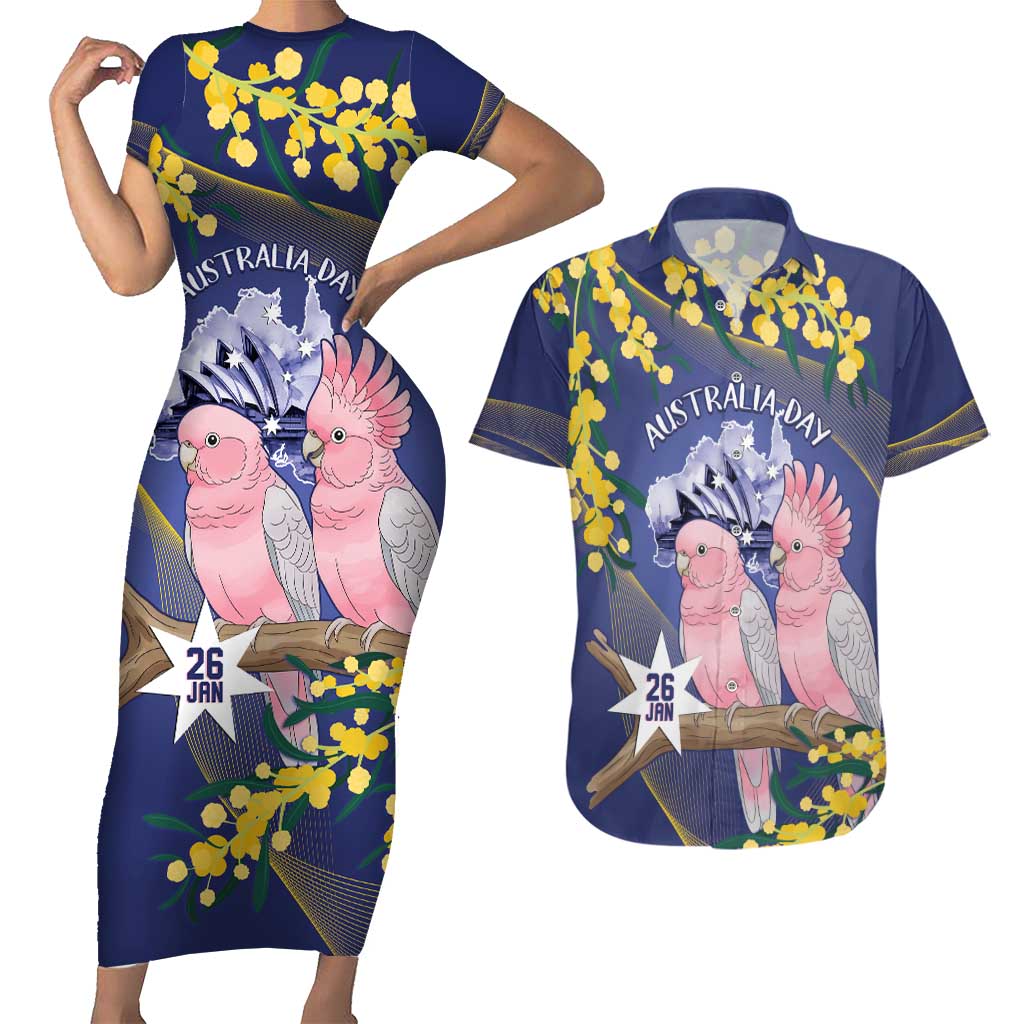 Personalised Pink Galah Australia Day Couples Matching Short Sleeve Bodycon Dress and Hawaiian Shirt 26th January Golden Wattle Flag Color - Aussie Hoodie