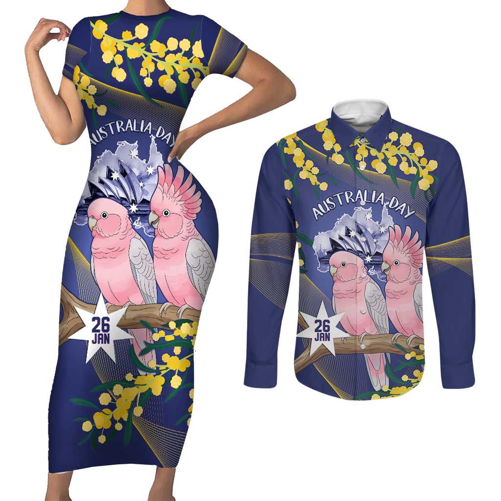 Personalised Pink Galah Australia Day Couples Matching Short Sleeve Bodycon Dress and Long Sleeve Button Shirt 26th January Golden Wattle Flag Color - Aussie Hoodie