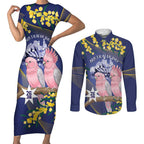Personalised Pink Galah Australia Day Couples Matching Short Sleeve Bodycon Dress and Long Sleeve Button Shirt 26th January Golden Wattle Flag Color - Aussie Hoodie