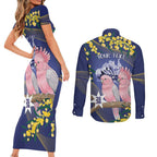 Personalised Pink Galah Australia Day Couples Matching Short Sleeve Bodycon Dress and Long Sleeve Button Shirt 26th January Golden Wattle Flag Color - Aussie Hoodie