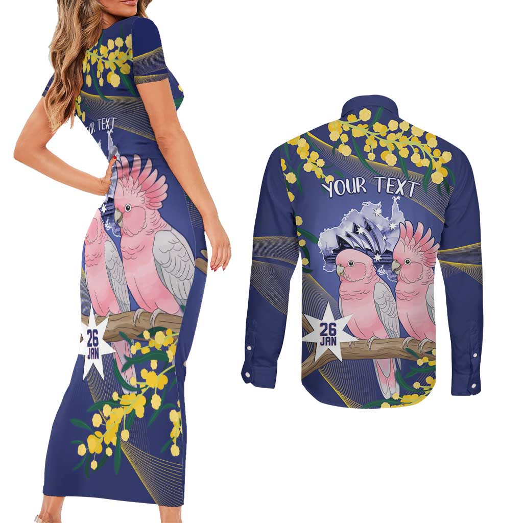 Personalised Pink Galah Australia Day Couples Matching Short Sleeve Bodycon Dress and Long Sleeve Button Shirt 26th January Golden Wattle Flag Color - Aussie Hoodie