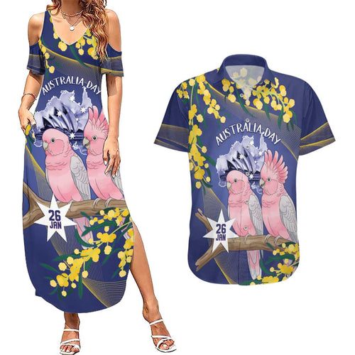 Personalised Pink Galah Australia Day Couples Matching Summer Maxi Dress and Hawaiian Shirt 26th January Golden Wattle Flag Color - Aussie Hoodie