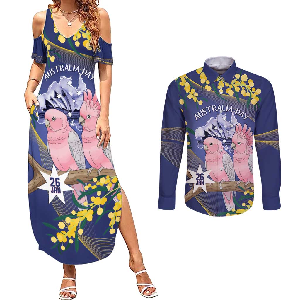Personalised Pink Galah Australia Day Couples Matching Summer Maxi Dress and Long Sleeve Button Shirt 26th January Golden Wattle Flag Color - Aussie Hoodie