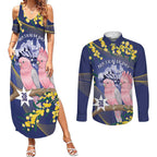 Personalised Pink Galah Australia Day Couples Matching Summer Maxi Dress and Long Sleeve Button Shirt 26th January Golden Wattle Flag Color - Aussie Hoodie