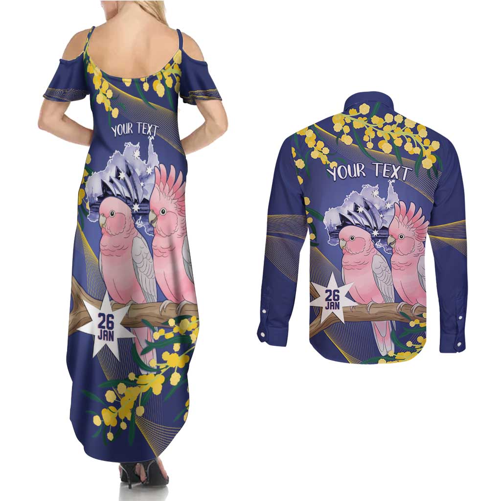 Personalised Pink Galah Australia Day Couples Matching Summer Maxi Dress and Long Sleeve Button Shirt 26th January Golden Wattle Flag Color - Aussie Hoodie