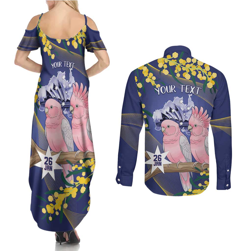 Personalised Pink Galah Australia Day Couples Matching Summer Maxi Dress and Long Sleeve Button Shirt 26th January Golden Wattle Flag Color - Aussie Hoodie