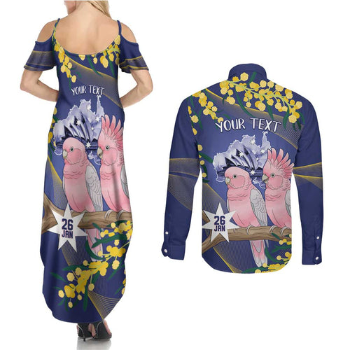 Personalised Pink Galah Australia Day Couples Matching Summer Maxi Dress and Long Sleeve Button Shirt 26th January Golden Wattle Flag Color - Aussie Hoodie