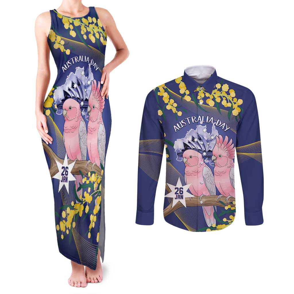 Personalised Pink Galah Australia Day Couples Matching Tank Maxi Dress and Long Sleeve Button Shirt 26th January Golden Wattle Flag Color - Aussie Hoodie