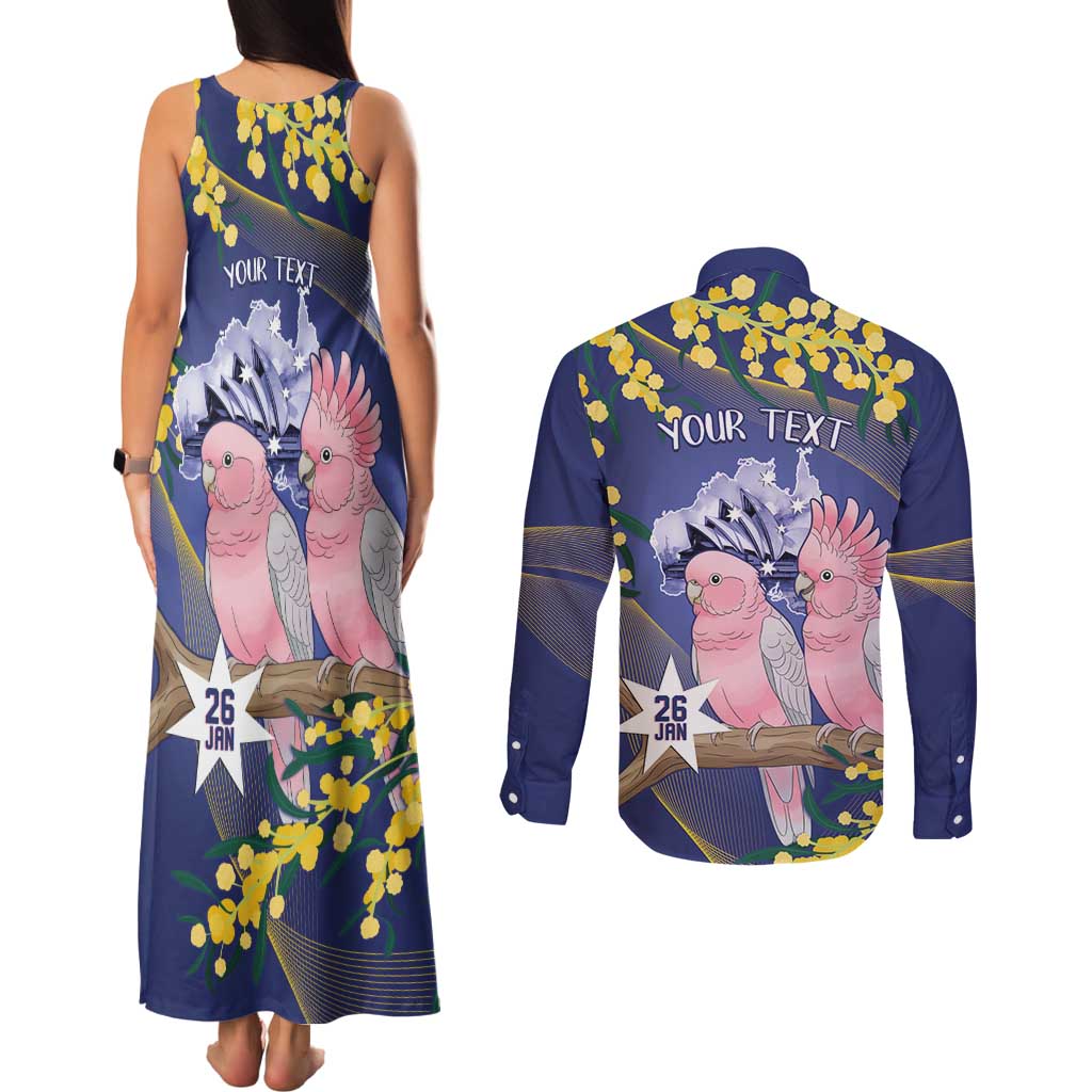 Personalised Pink Galah Australia Day Couples Matching Tank Maxi Dress and Long Sleeve Button Shirt 26th January Golden Wattle Flag Color - Aussie Hoodie