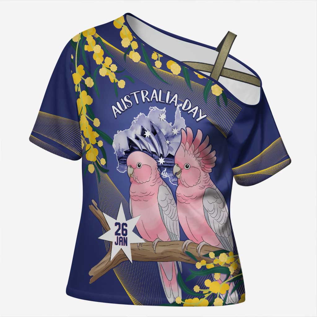 Personalised Pink Galah Australia Day Cross Shoulder Shirt 26th January Golden Wattle Flag Color - Aussie Hoodie