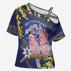 Personalised Pink Galah Australia Day Cross Shoulder Shirt 26th January Golden Wattle Flag Color - Aussie Hoodie