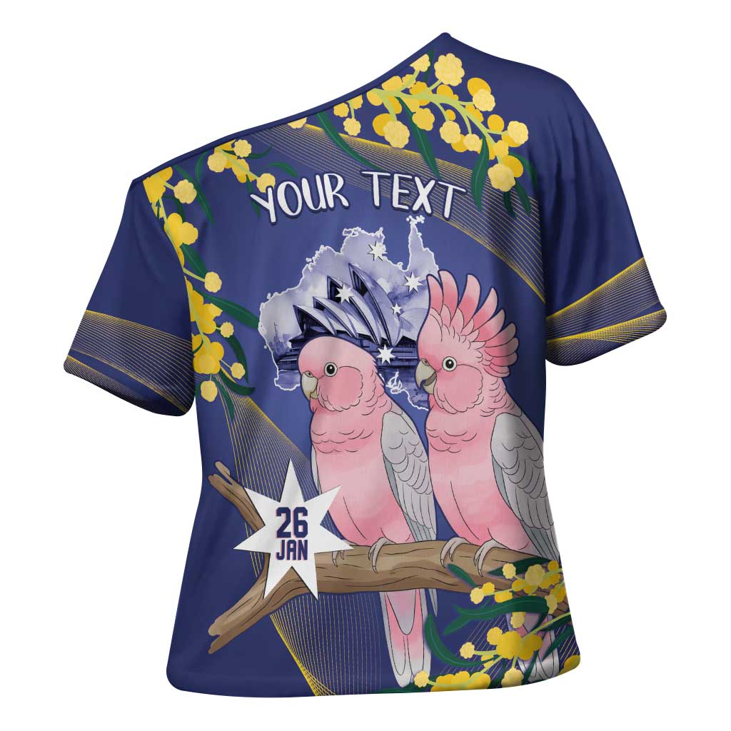 Personalised Pink Galah Australia Day Cross Shoulder Shirt 26th January Golden Wattle Flag Color - Aussie Hoodie