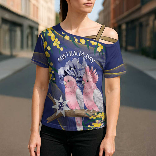 Personalised Pink Galah Australia Day Cross Shoulder Shirt 26th January Golden Wattle Flag Color - Aussie Hoodie