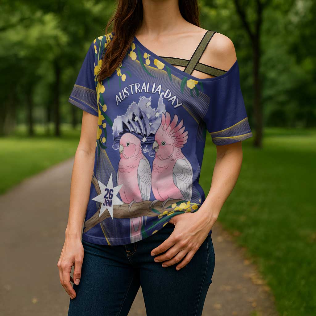 Personalised Pink Galah Australia Day Cross Shoulder Shirt 26th January Golden Wattle Flag Color - Aussie Hoodie