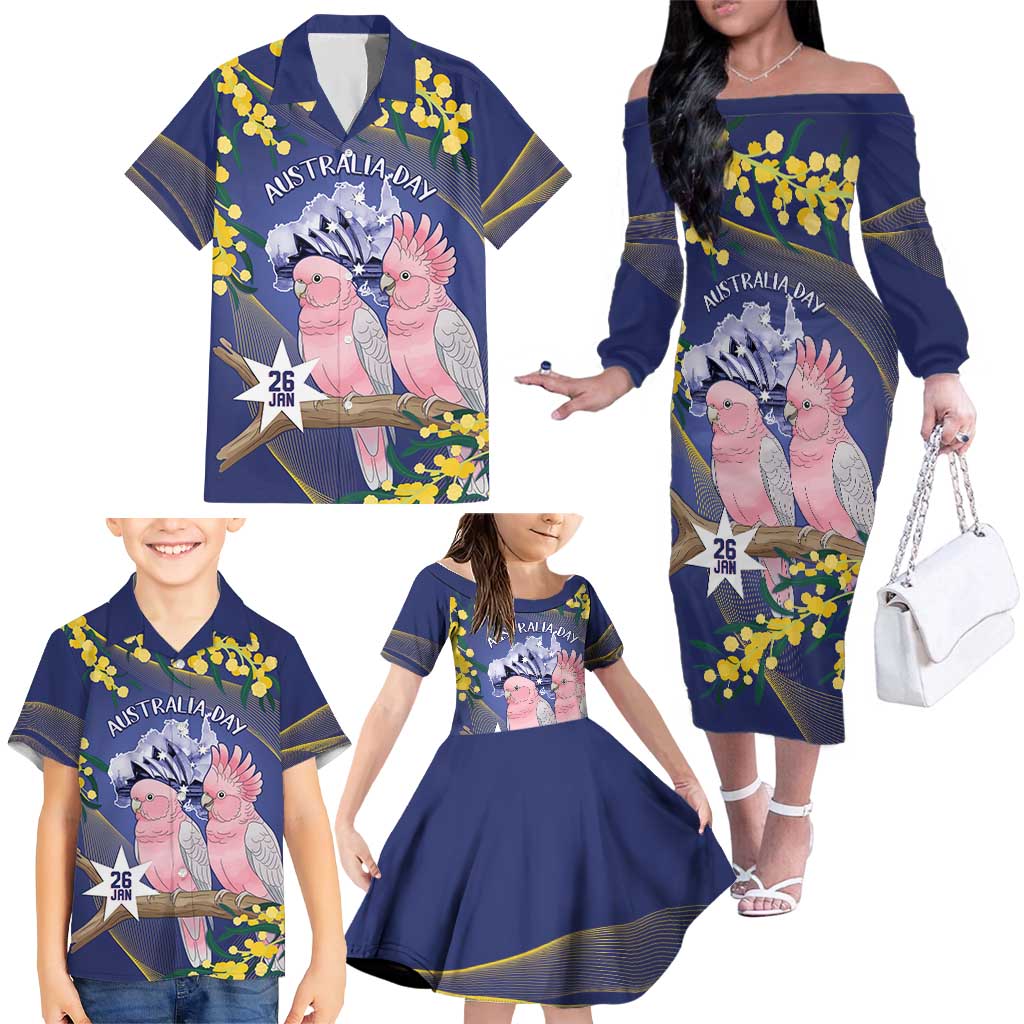 Personalised Pink Galah Australia Day Family Matching Off The Shoulder Long Sleeve Dress and Hawaiian Shirt 26th January Golden Wattle Flag Color - Aussie Hoodie