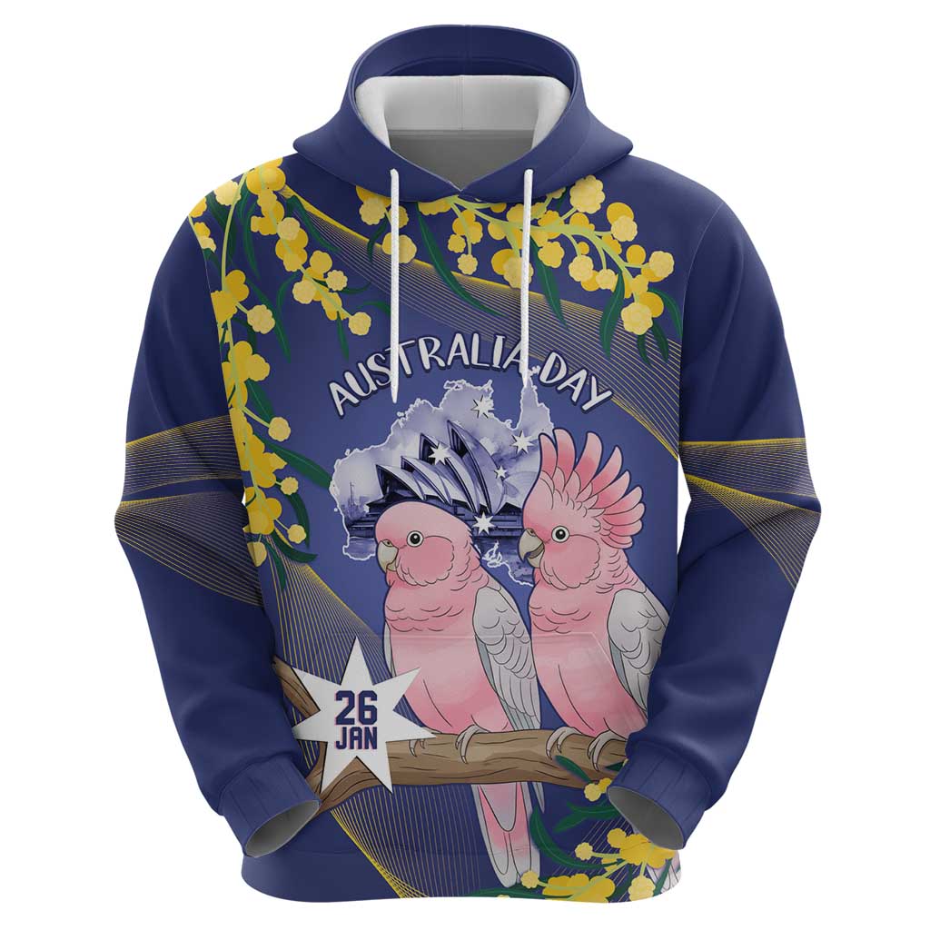 Personalised Pink Galah Australia Day Hoodie 26th January Golden Wattle Flag Color - Aussie Hoodie