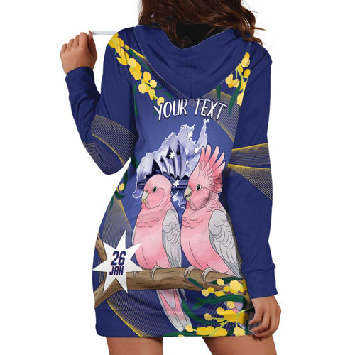 Personalised Pink Galah Australia Day Hoodie Dress 26th January Golden Wattle Flag Color - Aussie Hoodie