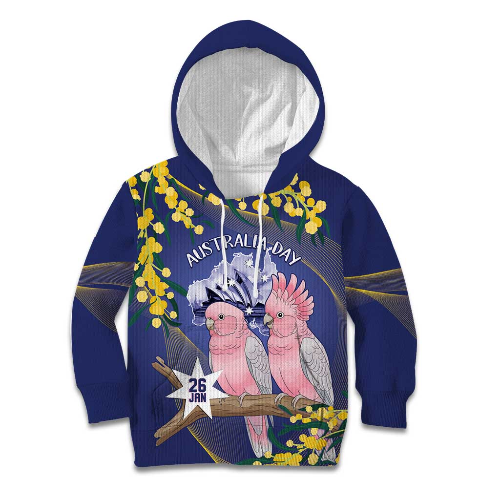 Personalised Pink Galah Australia Day Kid Hoodie 26th January Golden Wattle Flag Color - Aussie Hoodie
