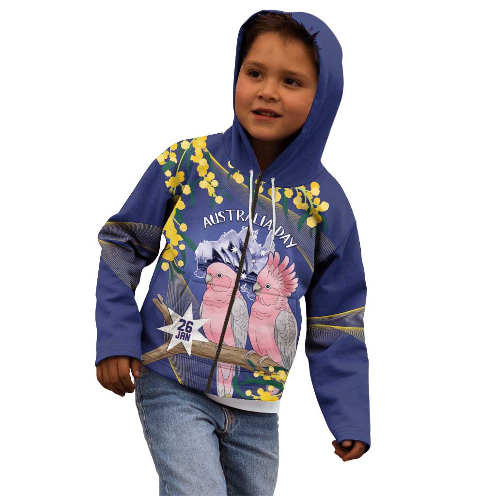 Personalised Pink Galah Australia Day Kid Hoodie 26th January Golden Wattle Flag Color - Aussie Hoodie