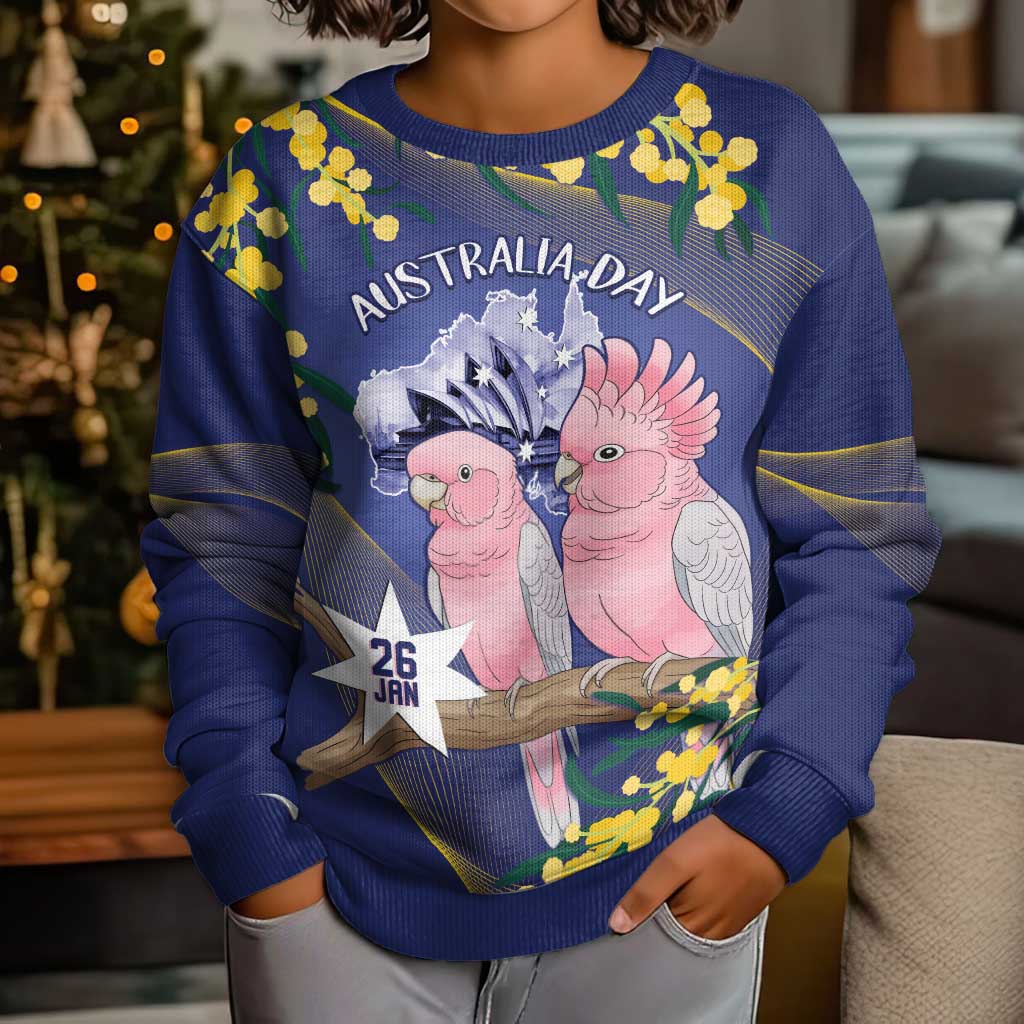 Personalised Pink Galah Australia Day Kid Ugly Christmas Sweater 26th January Golden Wattle Flag Color - Aussie Hoodie