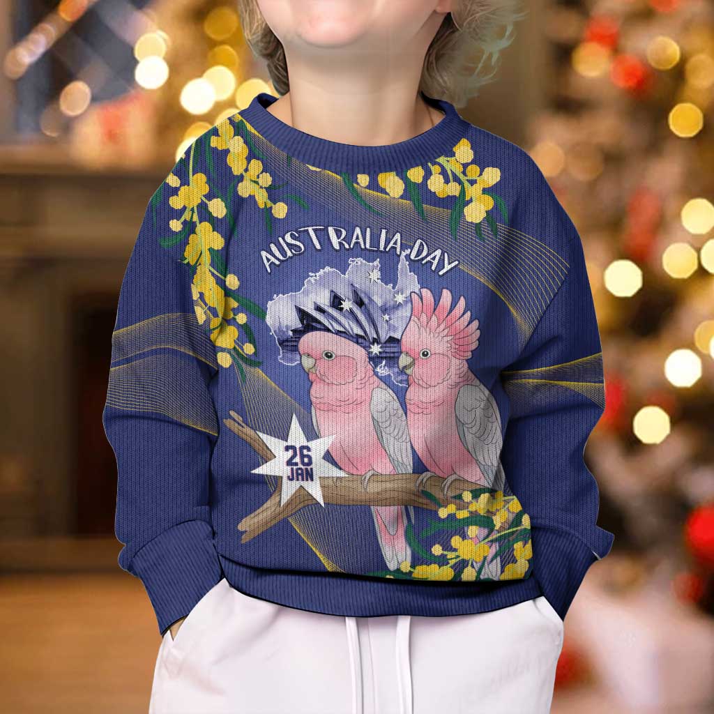 Personalised Pink Galah Australia Day Kid Ugly Christmas Sweater 26th January Golden Wattle Flag Color - Aussie Hoodie