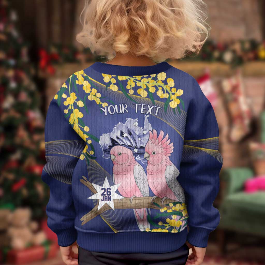 Personalised Pink Galah Australia Day Kid Ugly Christmas Sweater 26th January Golden Wattle Flag Color - Aussie Hoodie