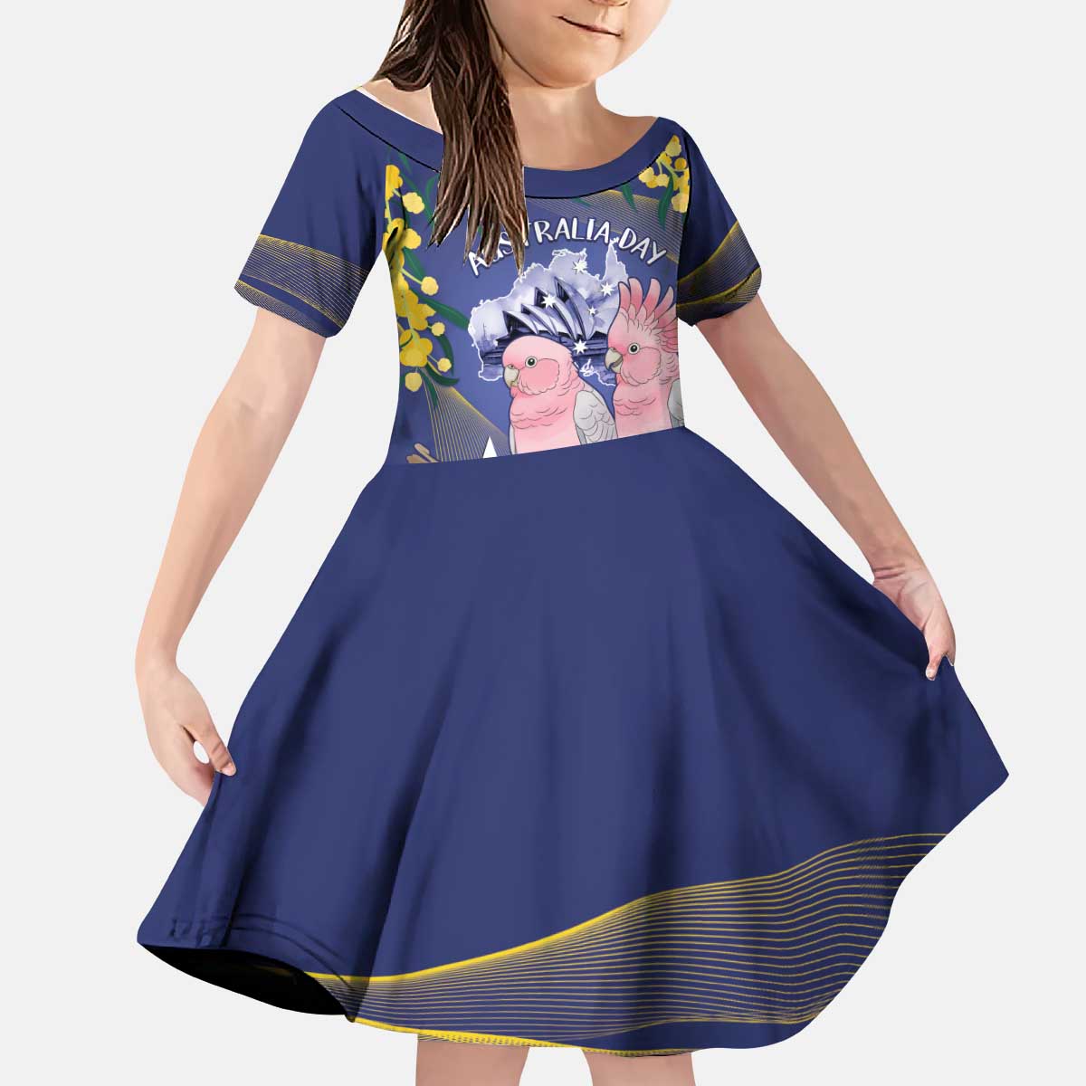 Personalised Pink Galah Australia Day Kid Short Sleeve Dress 26th January Golden Wattle Flag Color - Aussie Hoodie
