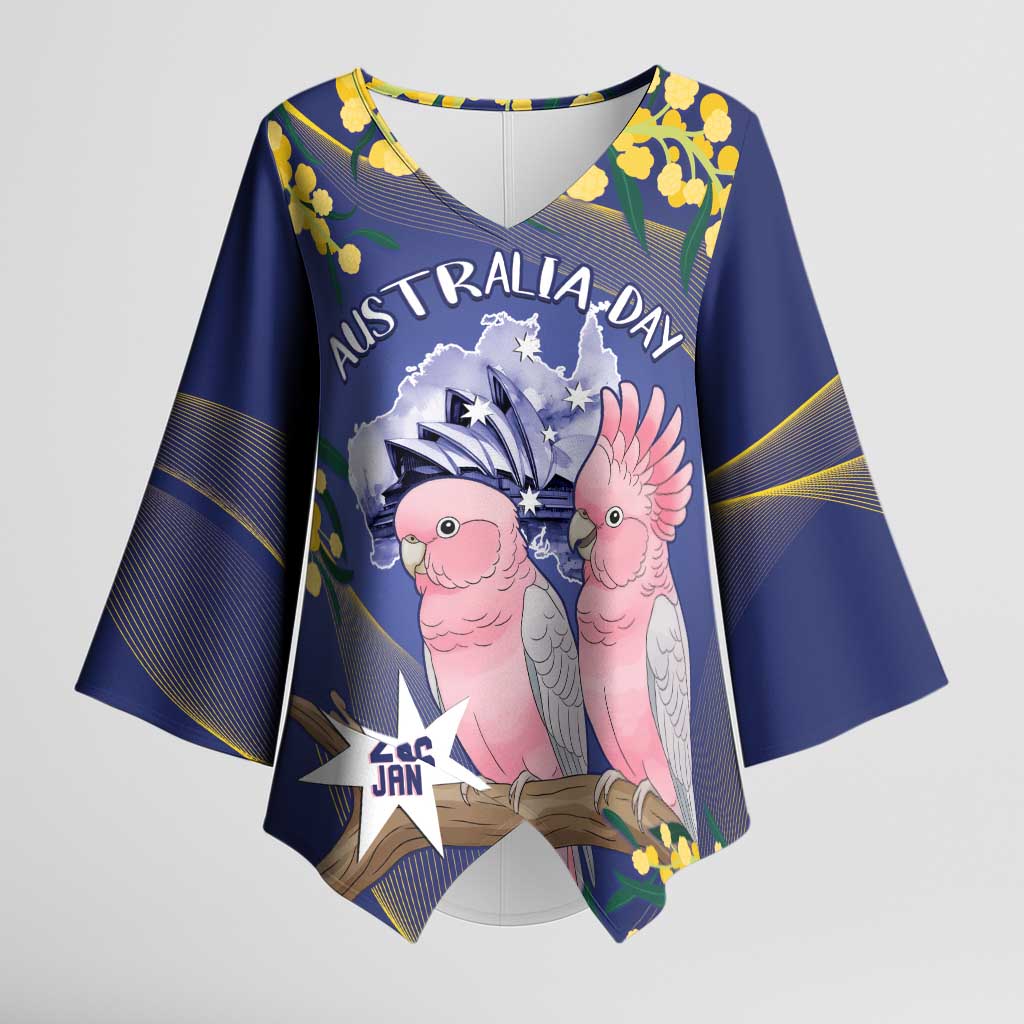 Personalised Pink Galah Australia Day Kimono Sleeve Blouse 26th January Golden Wattle Flag Color - Aussie Hoodie