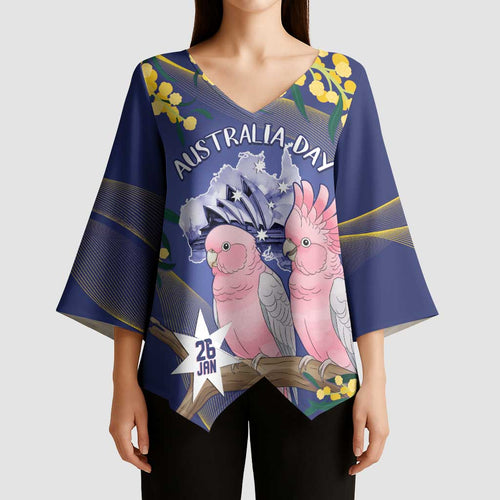 Personalised Pink Galah Australia Day Kimono Sleeve Blouse 26th January Golden Wattle Flag Color - Aussie Hoodie