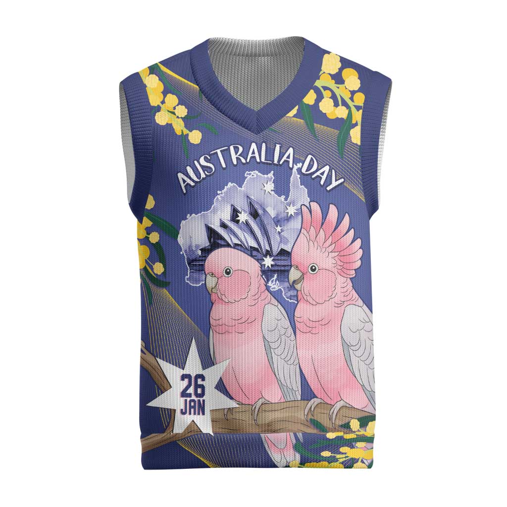 Personalised Pink Galah Australia Day Christmas Knitted V-Neck Vest 26th January Golden Wattle Flag Color - Aussie Hoodie