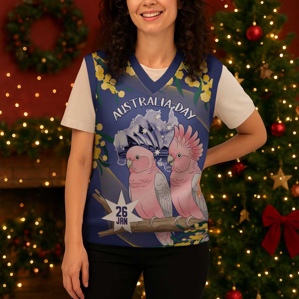 Personalised Pink Galah Australia Day Christmas Knitted V-Neck Vest 26th January Golden Wattle Flag Color - Aussie Hoodie