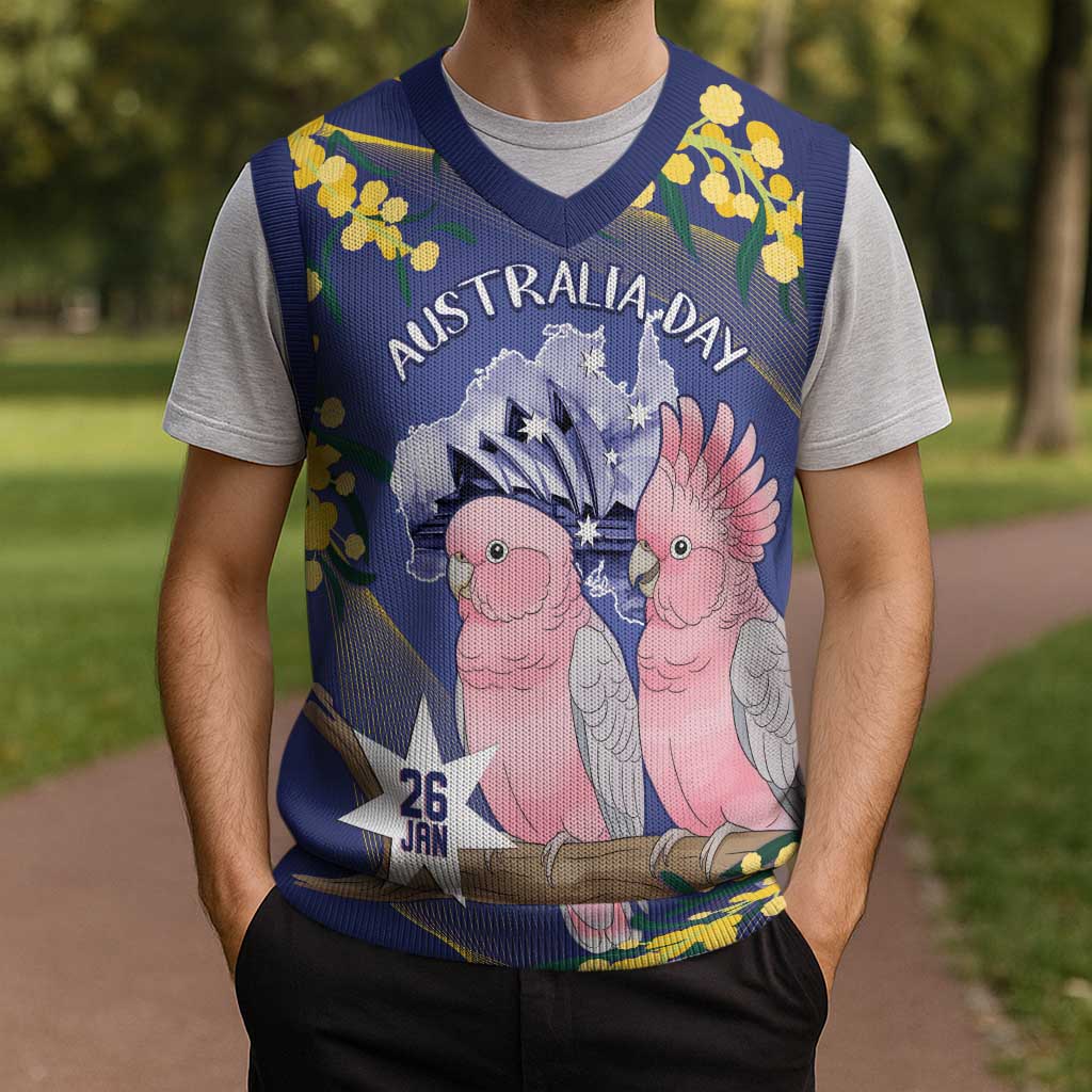 Personalised Pink Galah Australia Day Christmas Knitted V-Neck Vest 26th January Golden Wattle Flag Color - Aussie Hoodie