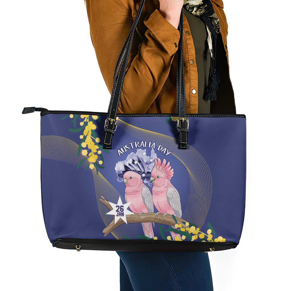Pink Galah Australia Day Leather Tote Bag 26th January Golden Wattle Flag Color - Aussie Hoodie