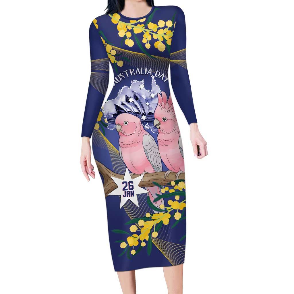 Personalised Pink Galah Australia Day Long Sleeve Bodycon Dress 26th January Golden Wattle Flag Color - Aussie Hoodie