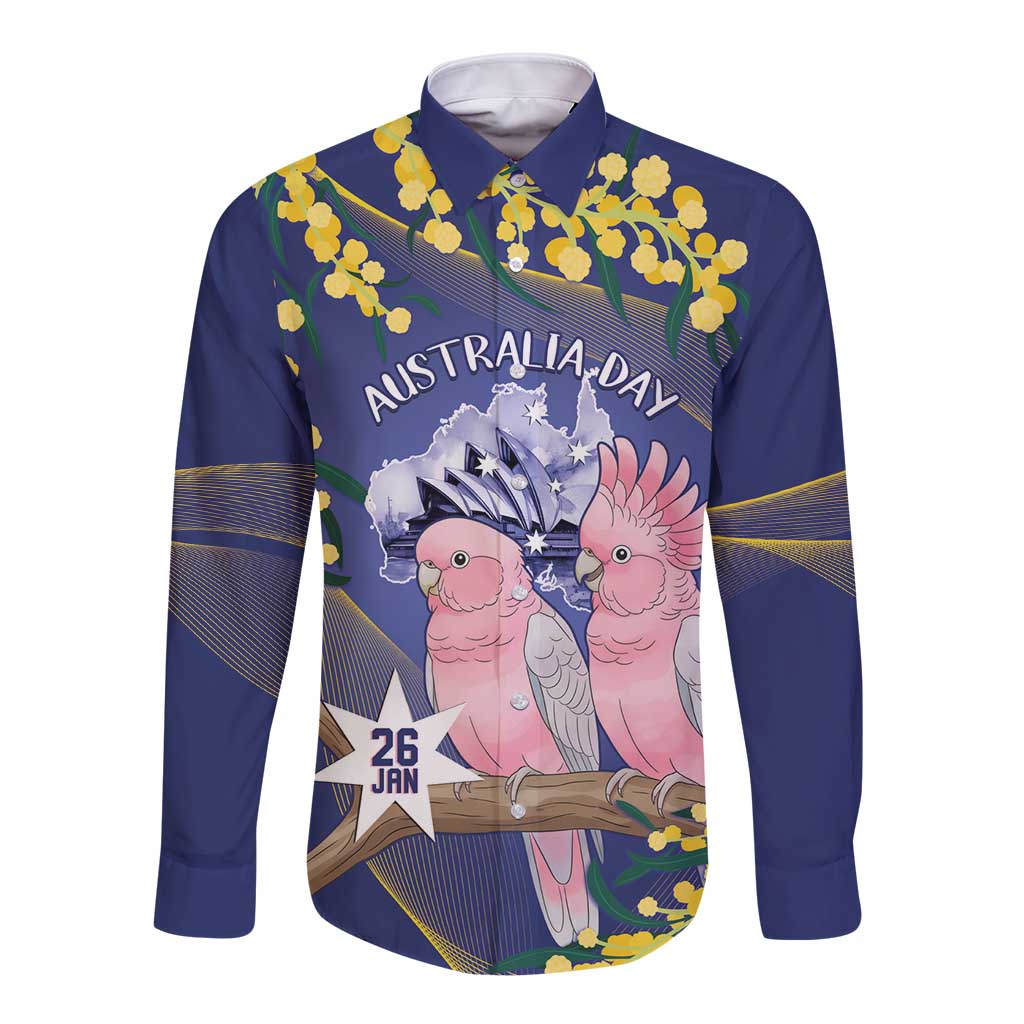 Personalised Pink Galah Australia Day Long Sleeve Button Shirt 26th January Golden Wattle Flag Color - Aussie Hoodie