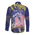 Personalised Pink Galah Australia Day Long Sleeve Button Shirt 26th January Golden Wattle Flag Color - Aussie Hoodie