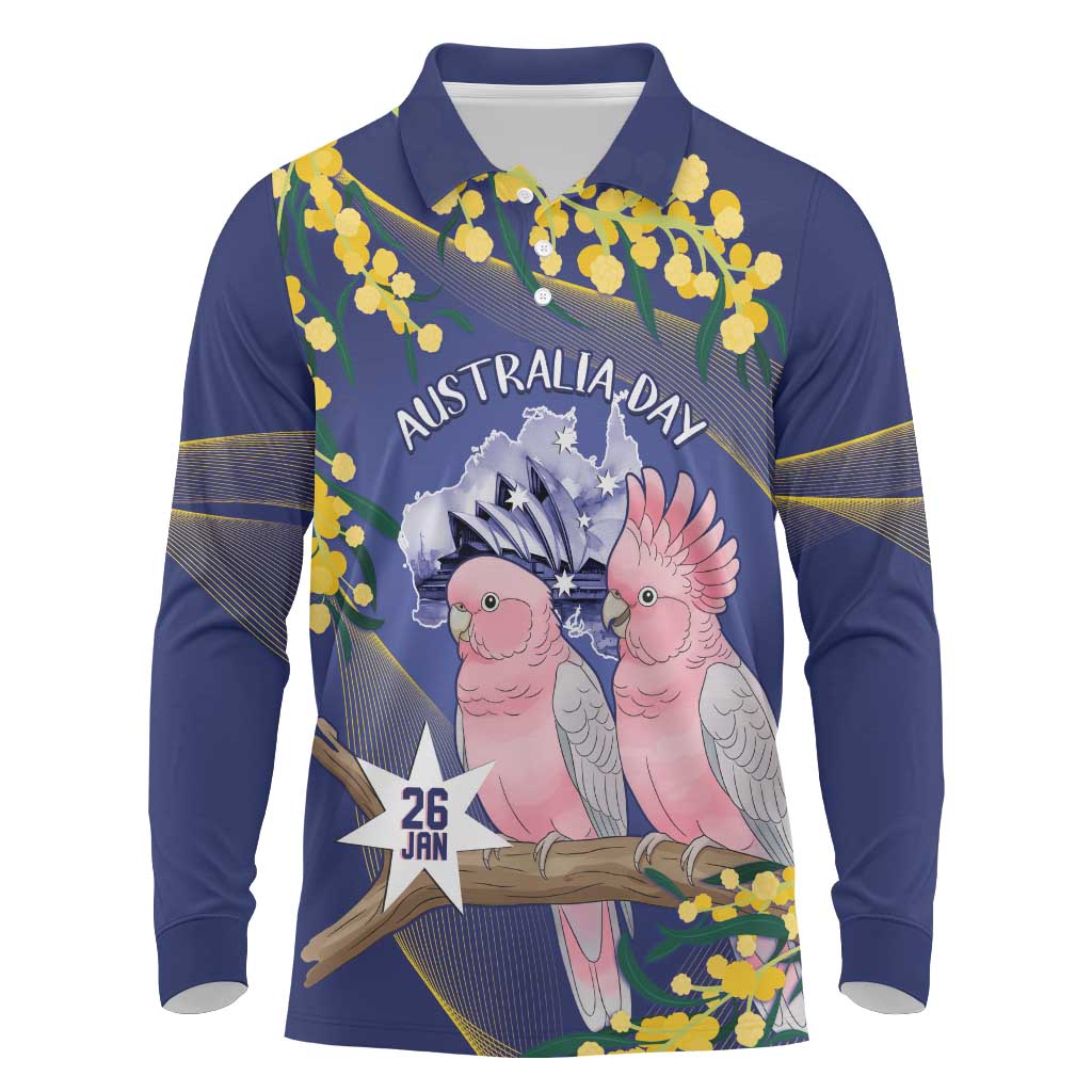 Personalised Pink Galah Australia Day Long Sleeve Polo Shirt 26th January Golden Wattle Flag Color - Aussie Hoodie