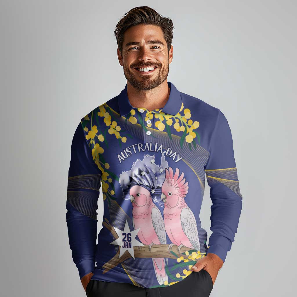Personalised Pink Galah Australia Day Long Sleeve Polo Shirt 26th January Golden Wattle Flag Color - Aussie Hoodie