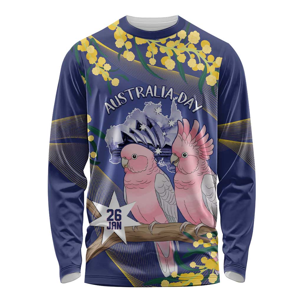 Personalised Pink Galah Australia Day Long Sleeve Shirt 26th January Golden Wattle Flag Color - Aussie Hoodie