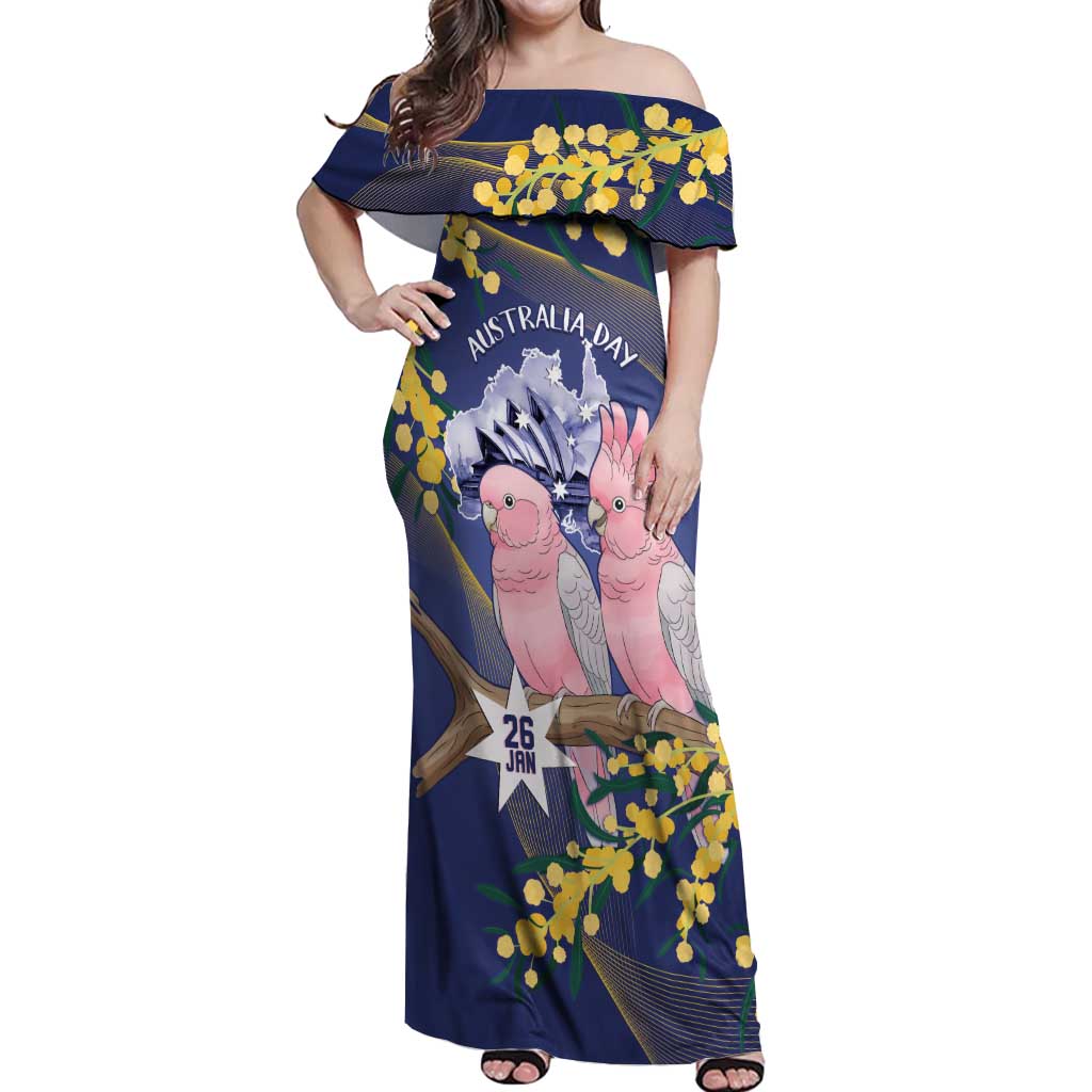 Personalised Pink Galah Australia Day Off Shoulder Maxi Dress 26th January Golden Wattle Flag Color - Aussie Hoodie