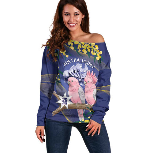 Personalised Pink Galah Australia Day Off Shoulder Sweater 26th January Golden Wattle Flag Color - Aussie Hoodie