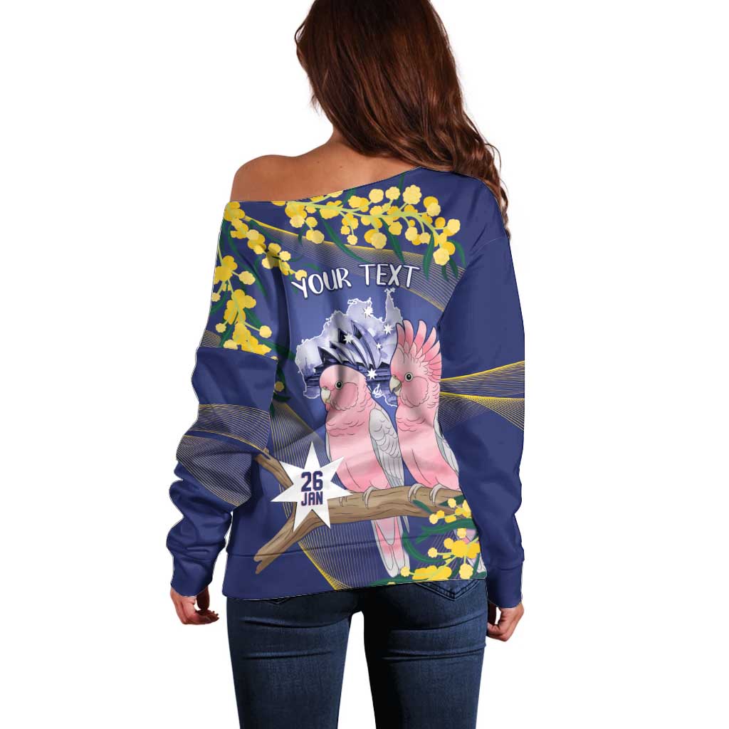 Personalised Pink Galah Australia Day Off Shoulder Sweater 26th January Golden Wattle Flag Color - Aussie Hoodie