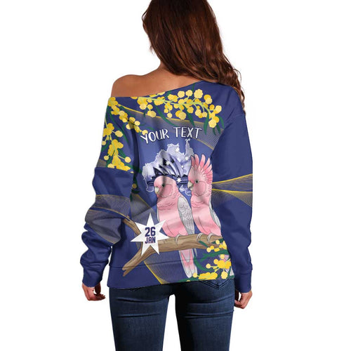 Personalised Pink Galah Australia Day Off Shoulder Sweater 26th January Golden Wattle Flag Color - Aussie Hoodie