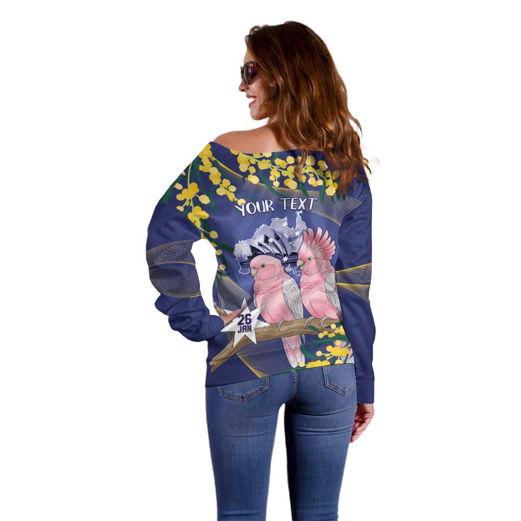 Personalised Pink Galah Australia Day Off Shoulder Sweater 26th January Golden Wattle Flag Color - Aussie Hoodie